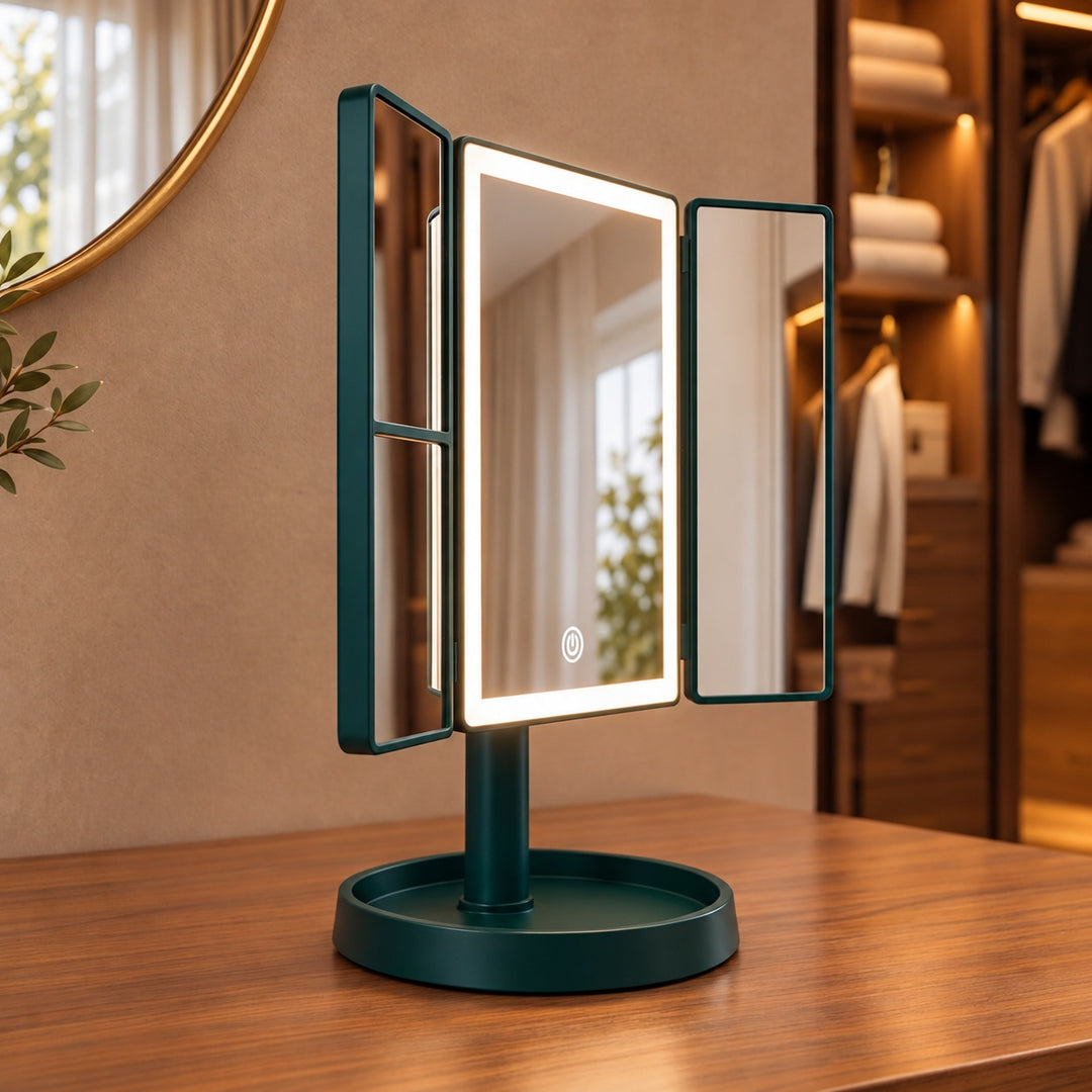Modern Tri-Fold Makeup Mirror with Lights Adjustable USB Rechargeable 2X/3X Magnification