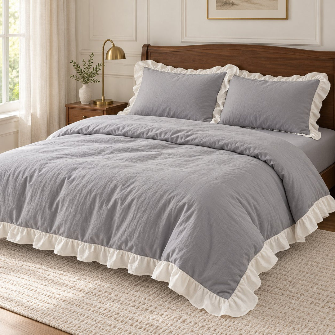 Modern Crumpled Ruffle Bedding Set Duvet Cover Flat Sheet Pillow Case Cotton Soft Texture