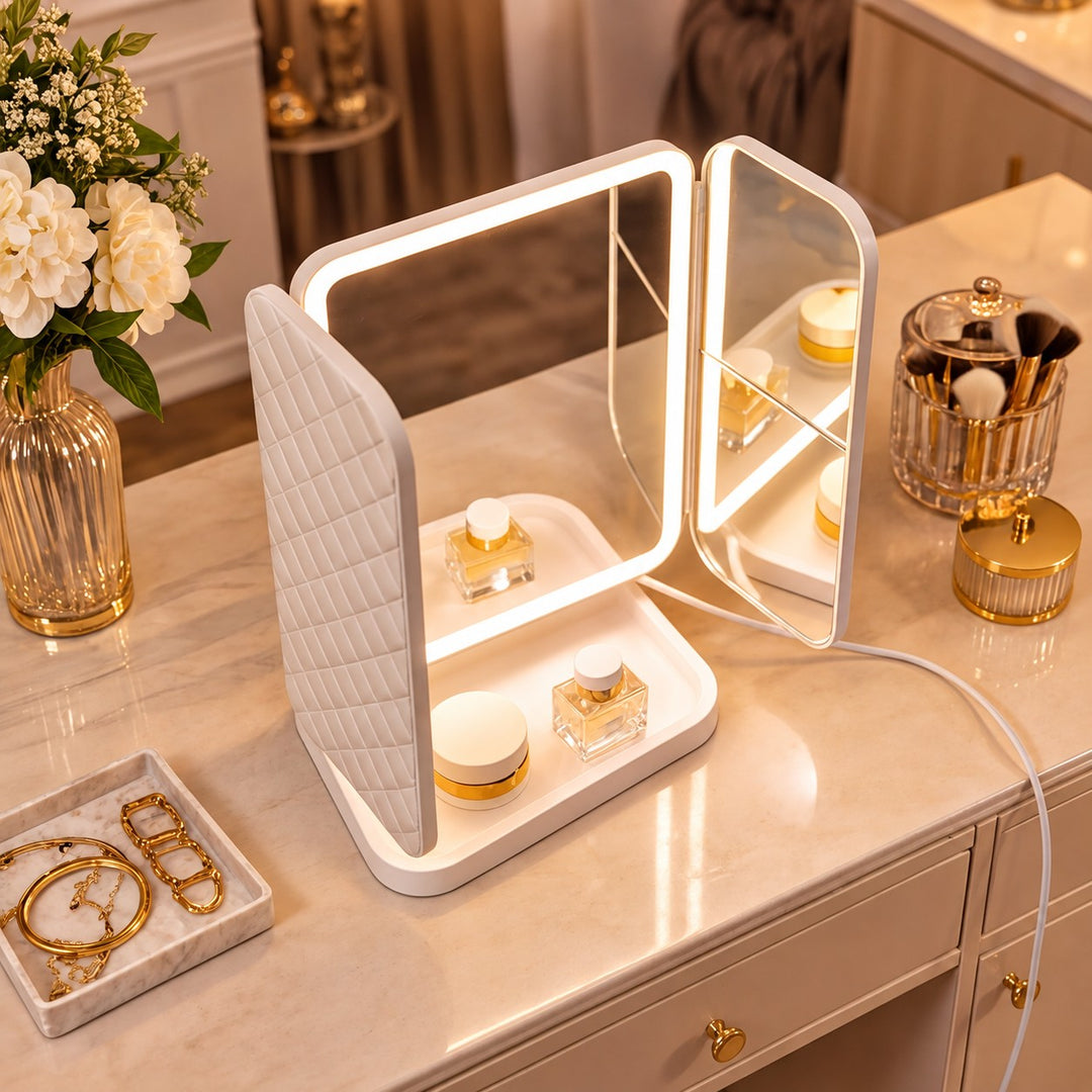 Modern Trifold Makeup Mirror with Lights Adjustable Brightness 10X Magnifying Plastic Design