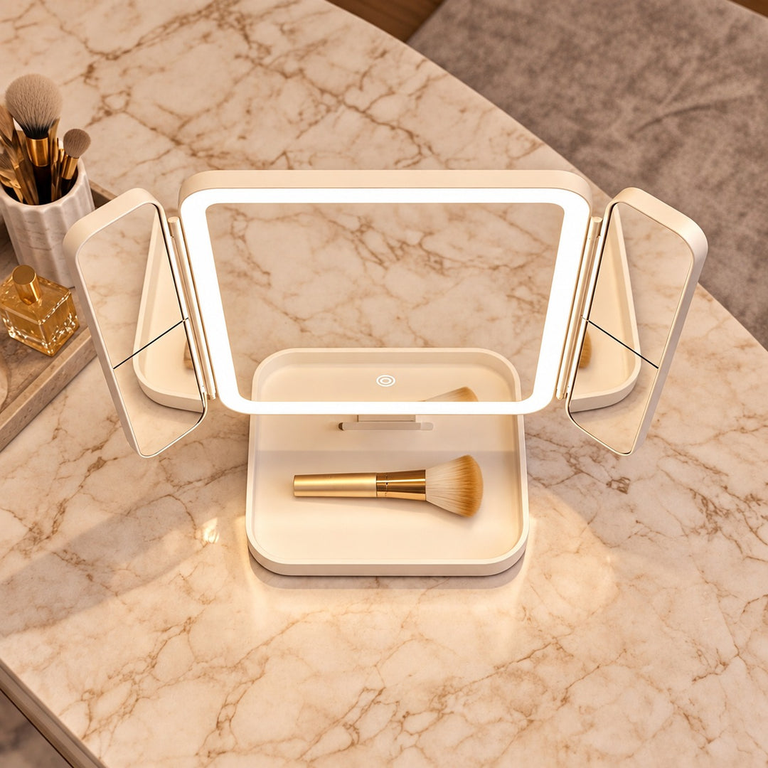 Modern Trifold Makeup Mirror with Lights Adjustable Brightness 10X Magnifying Plastic Design