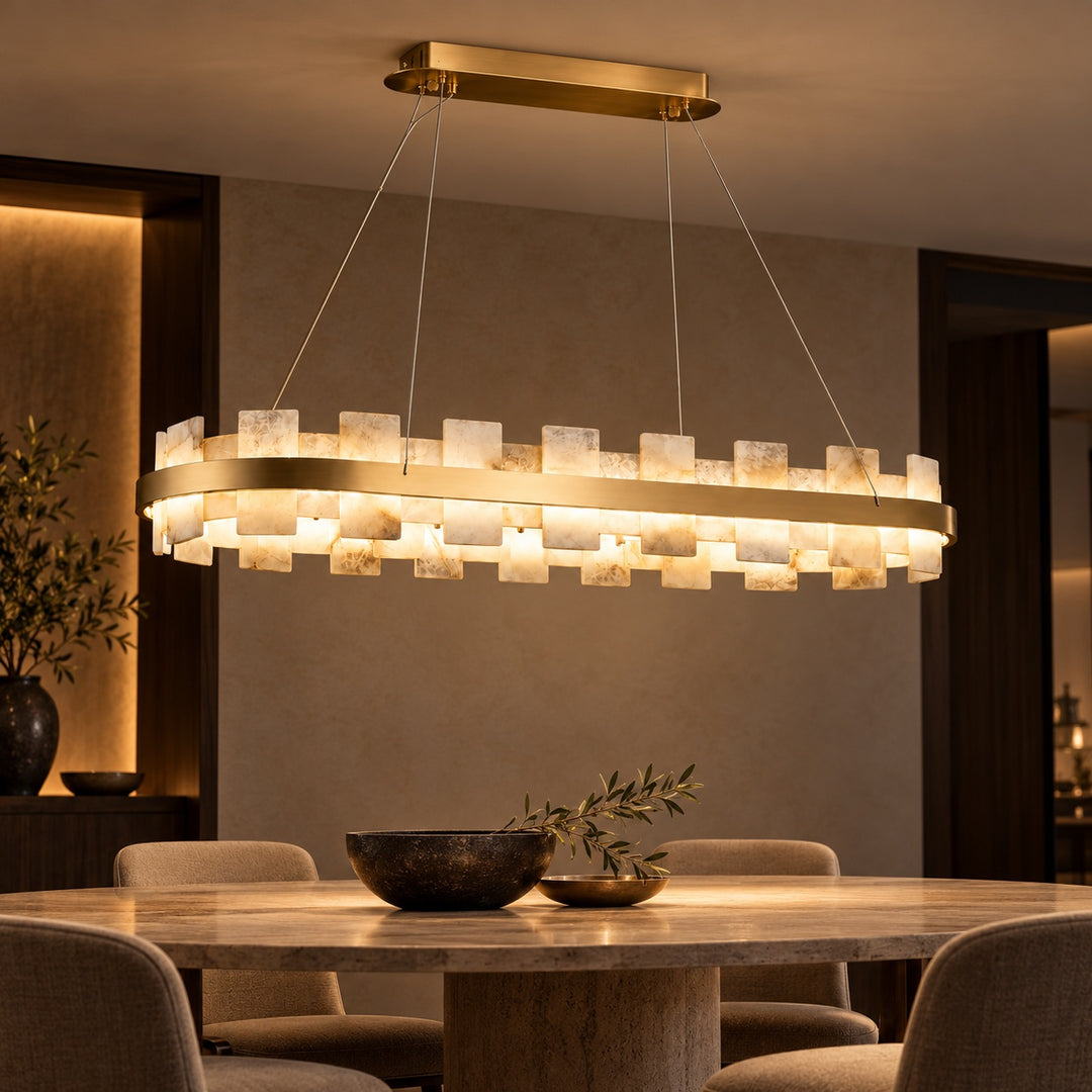 Modern Chandelier Ceiling Light Hanging Antique Brass Frame White Alabaster Panels LED