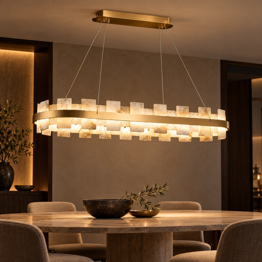 Modern Chandelier Ceiling Light Hanging Antique Brass Frame White Alabaster Panels LED in the oval