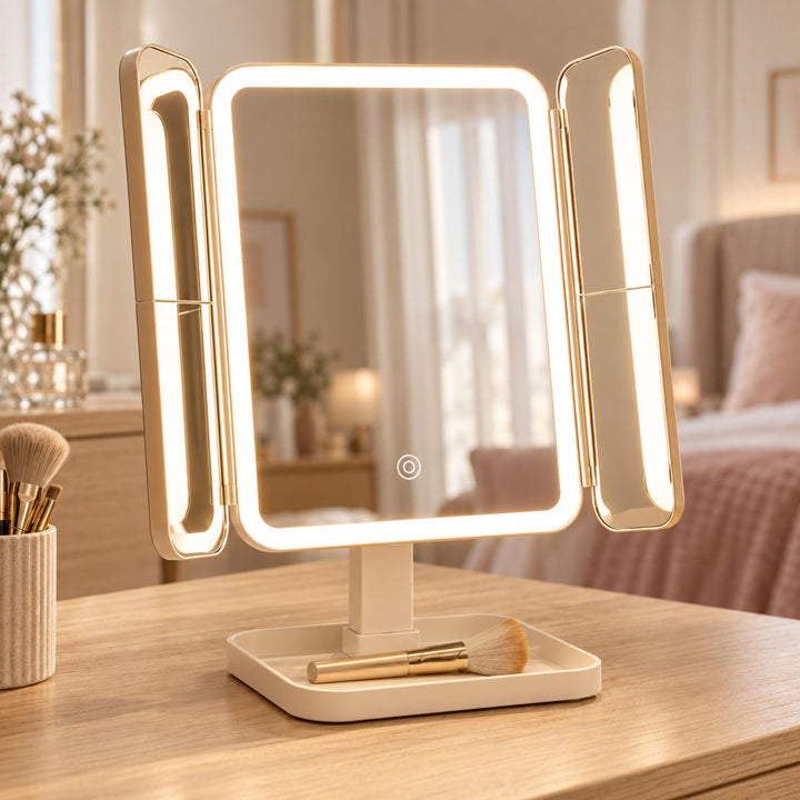 Modern Trifold Makeup Mirror with Lights Adjustable Brightness 10X Magnifying Plastic Design