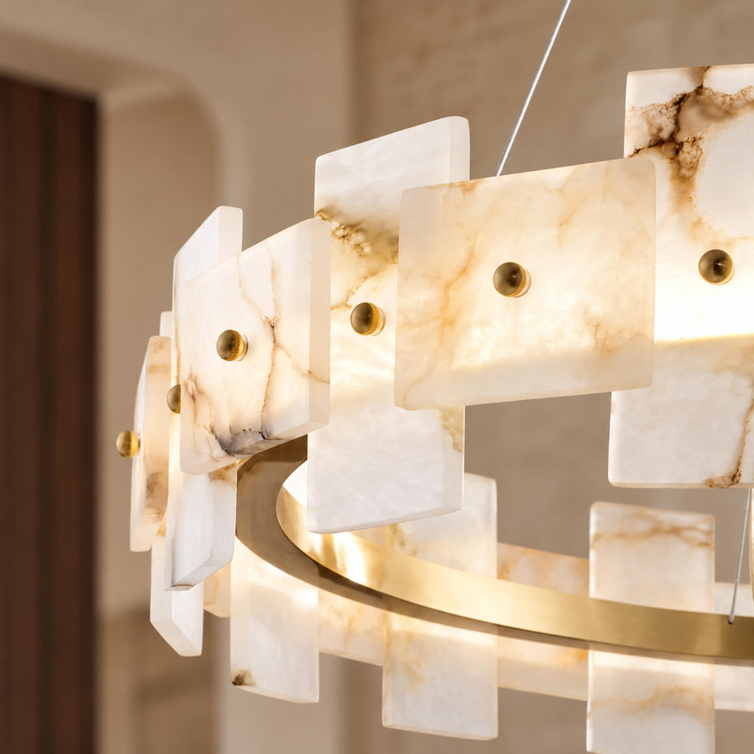 Modern Chandelier Ceiling Light Hanging Antique Brass Frame White Alabaster Panels LED