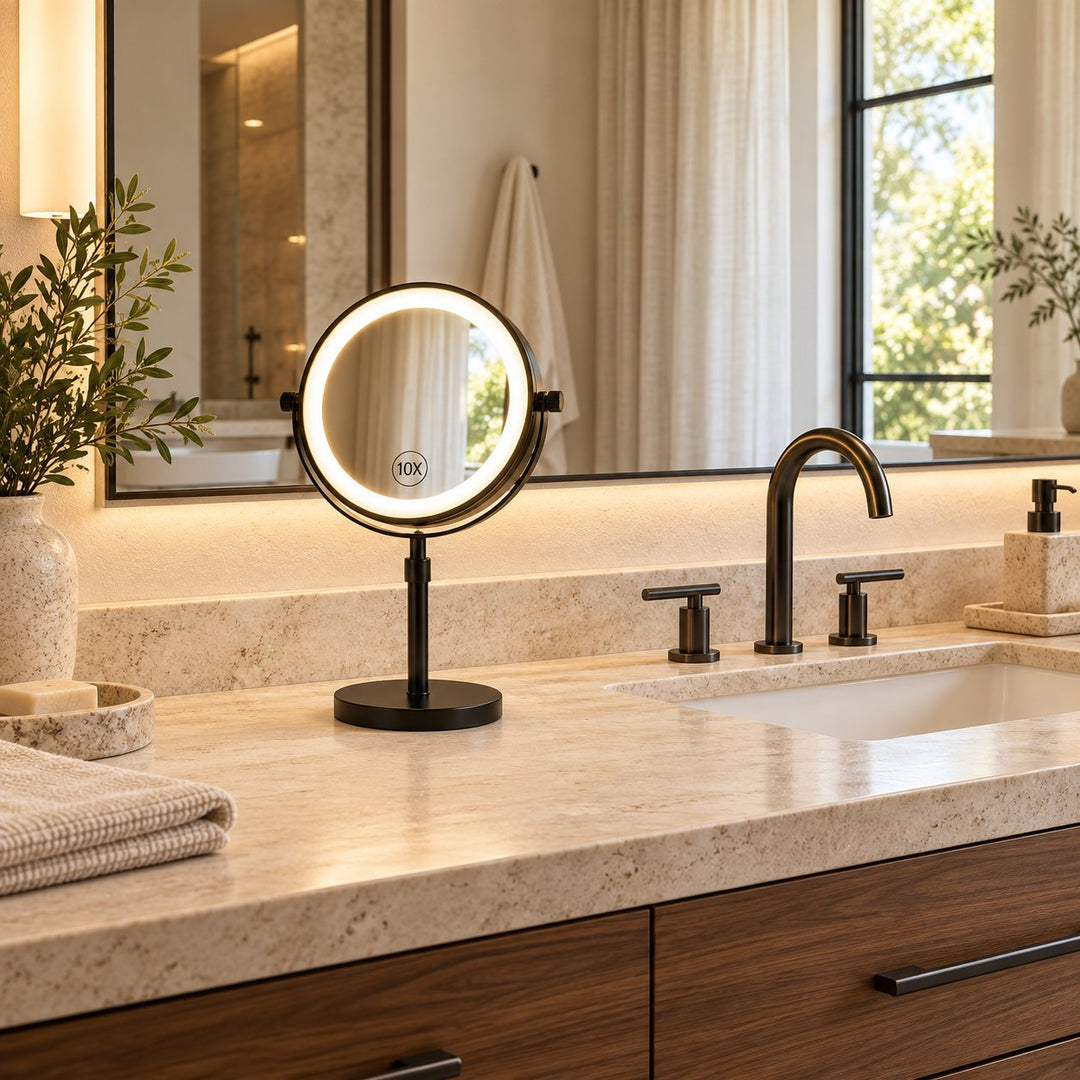 Modern Makeup Mirror with Lights Adjustable Height Dual-Sided 10X Magnifying USB Powered Dimmable