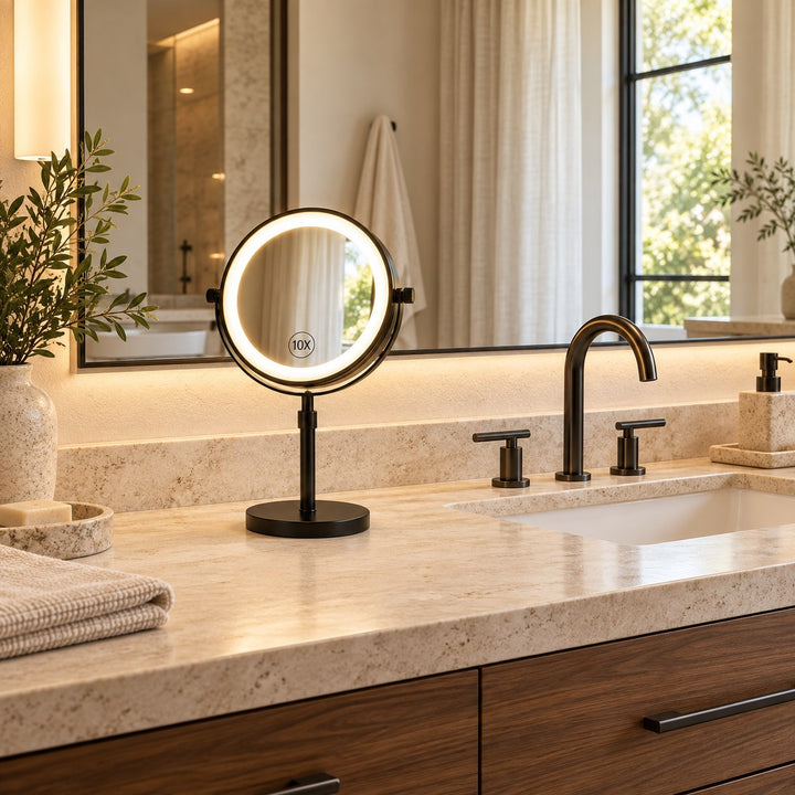 Modern Makeup Mirror with Lights Adjustable Height Dual-Sided 10X Magnifying USB Powered Dimmable