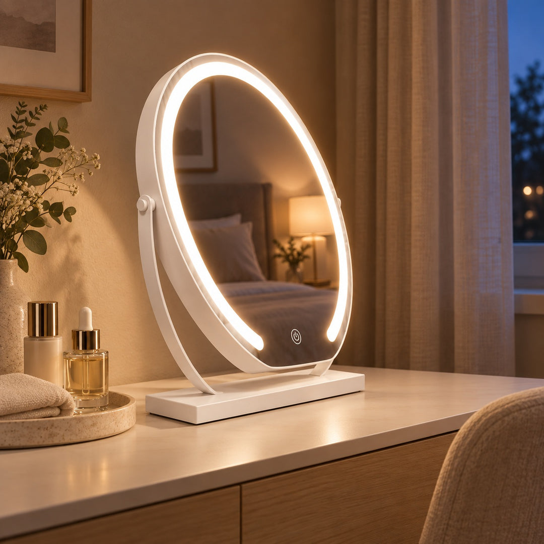 Modern Tabletop Makeup Mirror with Lights Adjustable 15x Magnifying Glass Energy Efficient LED