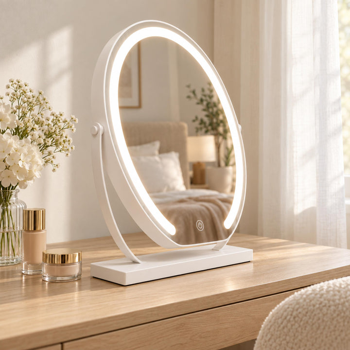 Modern Tabletop Makeup Mirror with Lights Adjustable 15x Magnifying Glass Energy Efficient LED