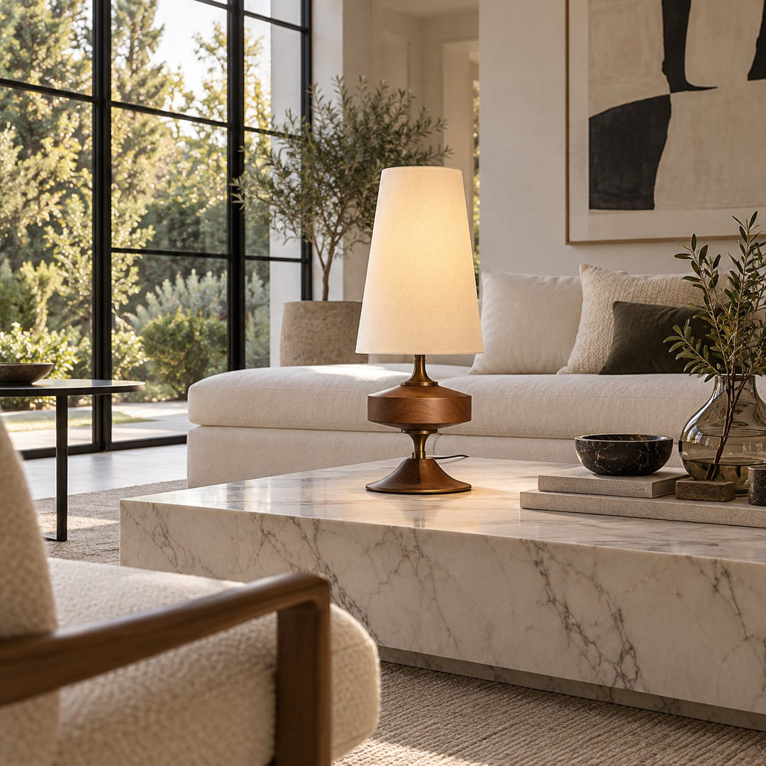 Modern Table Lamp with Tapered Fabric Shade and Walnut Wood Base Dimmable for Bedside or Living Room