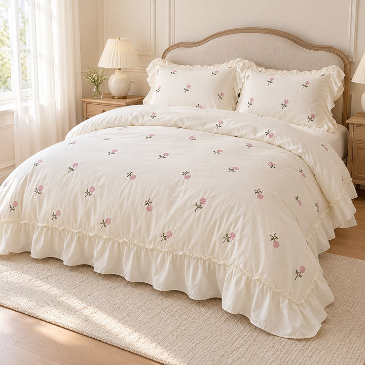Floral Duvet Cover Set with Ruffled Pillowcases Soft Cotton for Coquette Bedroom Aesthetic