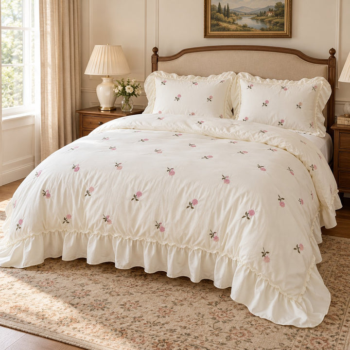 Floral Duvet Cover Set with Ruffled Pillowcases Soft Cotton for Coquette Bedroom Aesthetic