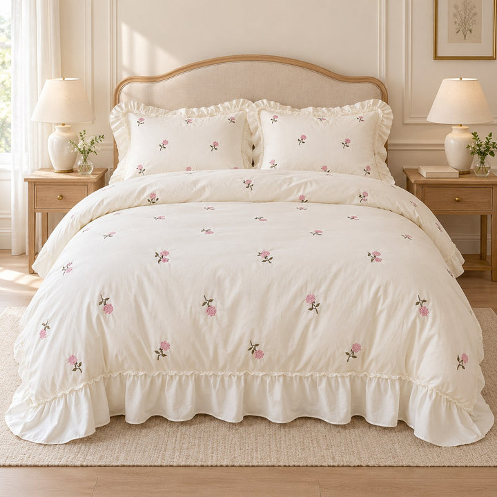Floral Duvet Cover Set with Ruffled Pillowcases Soft Cotton for Coquette Bedroom Aesthetic