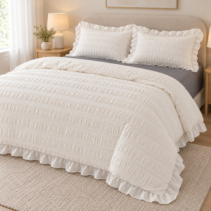 Modern Ribbed Bedding Set with Duvet Cover Flat and Fitted Sheets in 100% Cotton