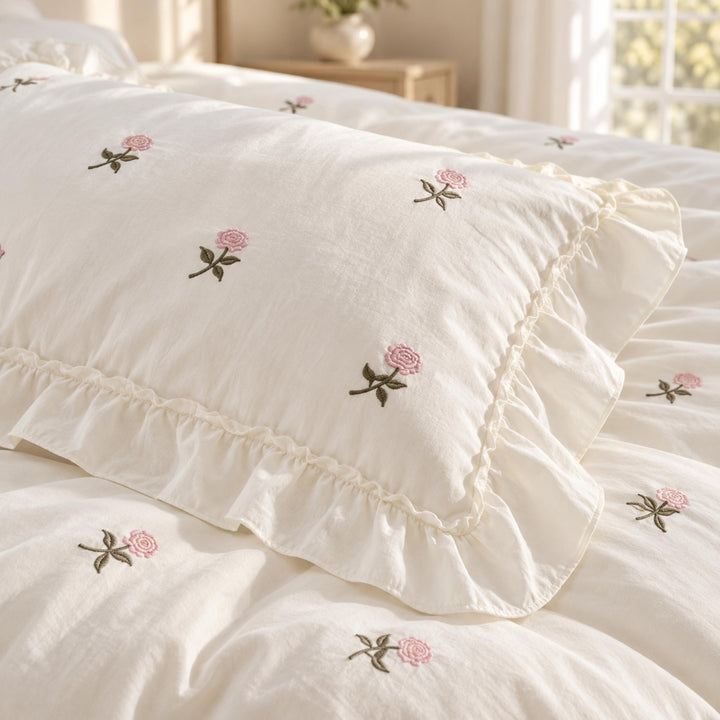 Floral Duvet Cover Set with Ruffled Pillowcases Soft Cotton for Coquette Bedroom Aesthetic