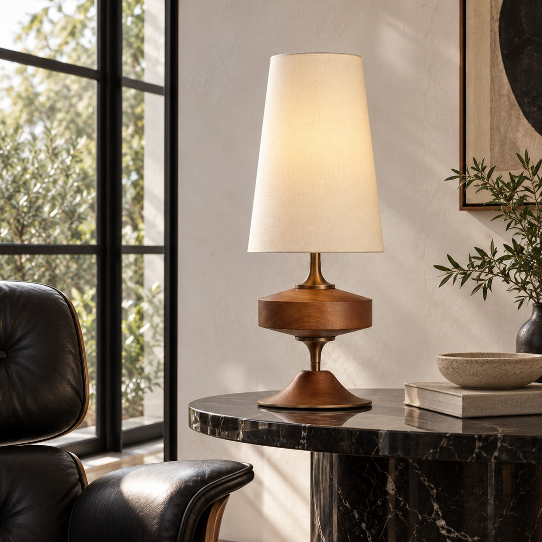 Modern Table Lamp with Tapered Fabric Shade and Walnut Wood Base Dimmable for Bedside or Living Room