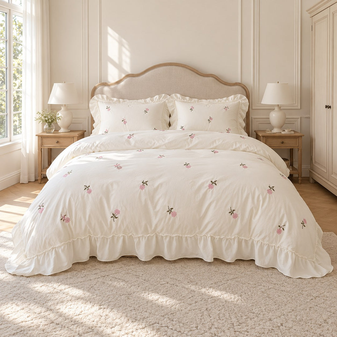 Floral Duvet Cover Set with Ruffled Pillowcases Soft Cotton for Coquette Bedroom Aesthetic