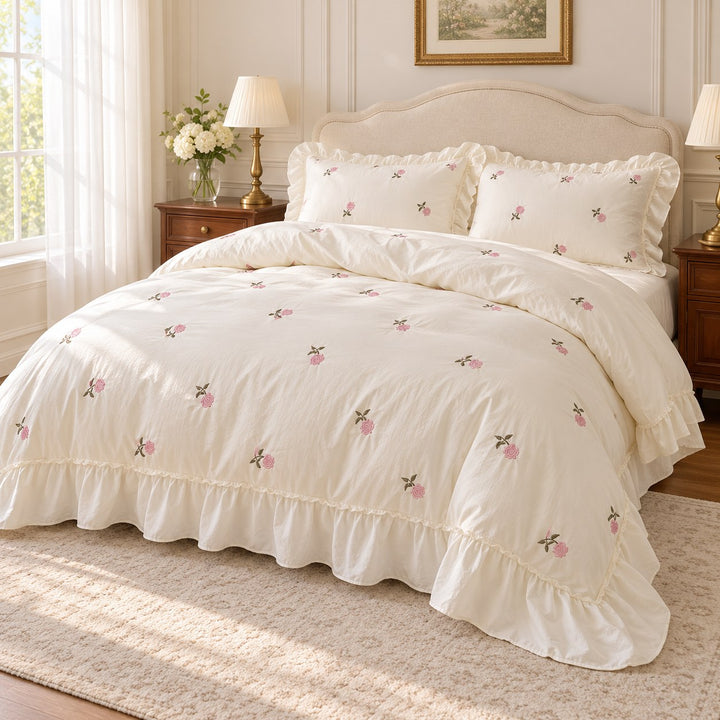 Floral Duvet Cover Set with Ruffled Pillowcases Soft Cotton for Coquette Bedroom Aesthetic