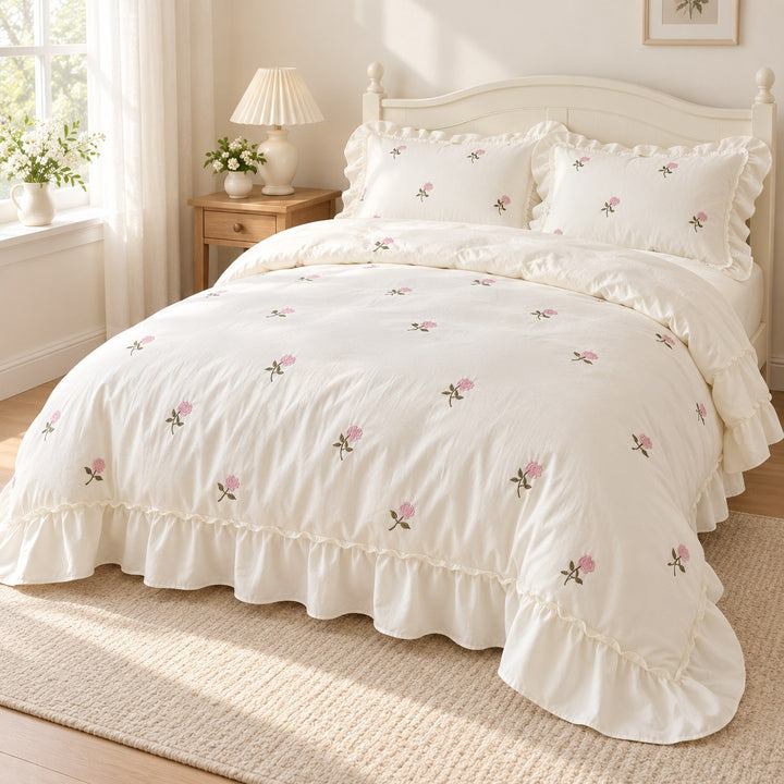 Floral Duvet Cover Set with Ruffled Pillowcases Soft Cotton for Coquette Bedroom Aesthetic