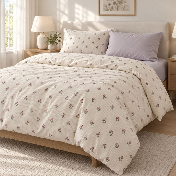 Vintage Floral Print Bedding Set Cozy Cotton Duvet Cover Flat Sheet Pillow Cases