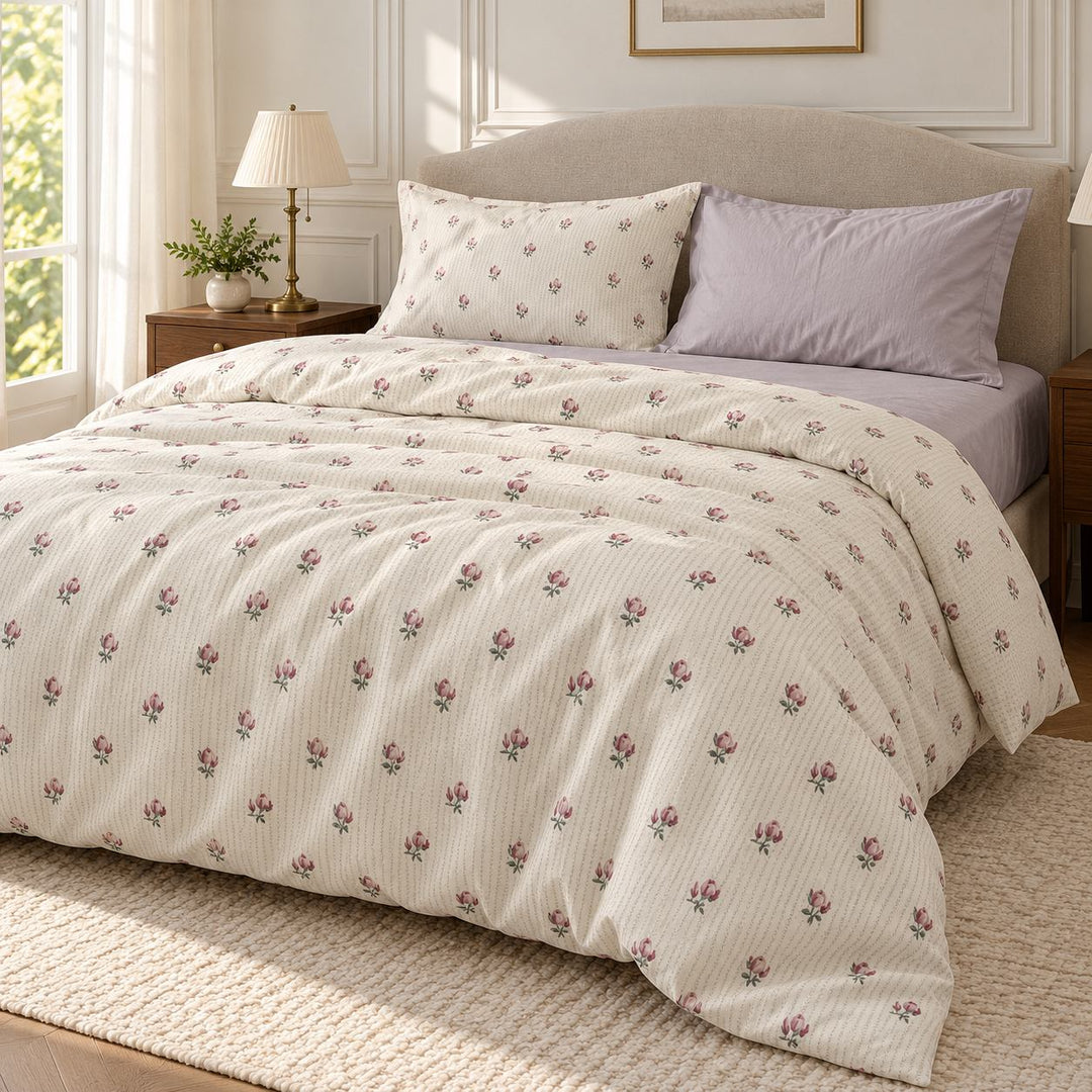 Vintage Floral Print Bedding Set Cozy Cotton Duvet Cover Flat Sheet Pillow Cases