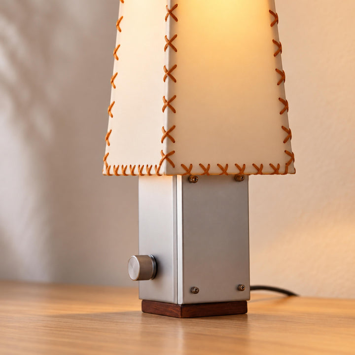 Contemporary Table Lamp with Iron and Walnut Base and Parchment Shade for Living Room Lighting
