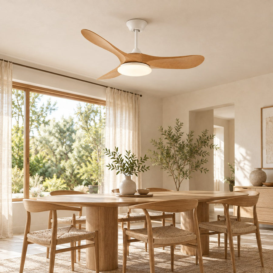 Modern Ceiling Fan with Lights Flush Mount Metal Frame 107cm or 132cm Blade Options in the dining room