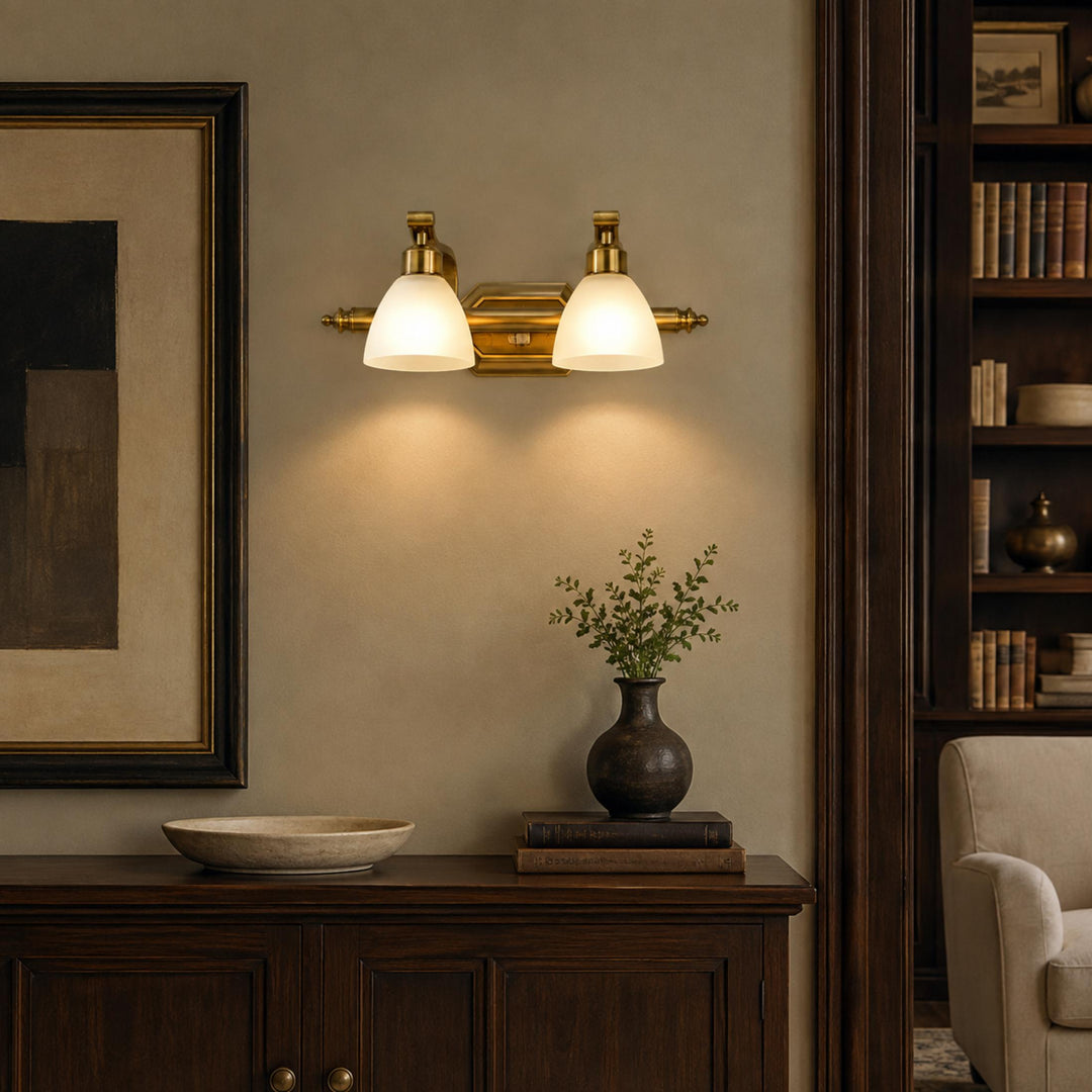 Modern Bathroom Wall Light Sconce with Four Frosted Glass Shades and Gold Finish for Indoor Use