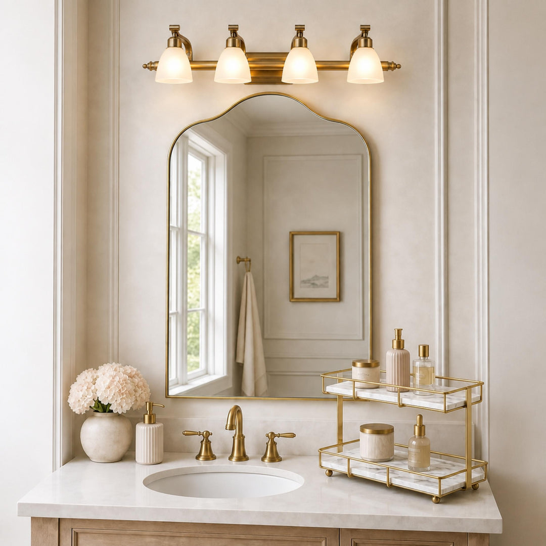 Modern Bathroom Wall Light Sconce with Four Frosted Glass Shades and Gold Finish for Indoor Use