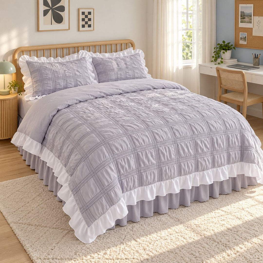 Kawaii Ruffle Bedding Set Twin Full Queen Soft Cotton Duvet Cover with Bed Skirt and Pillow Cases