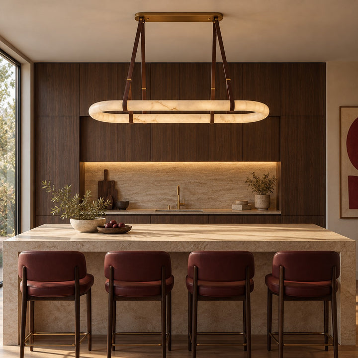 Modern Circle Chandelier Ceiling Mounted Metal Frame with White Alabaster Stone Lighting