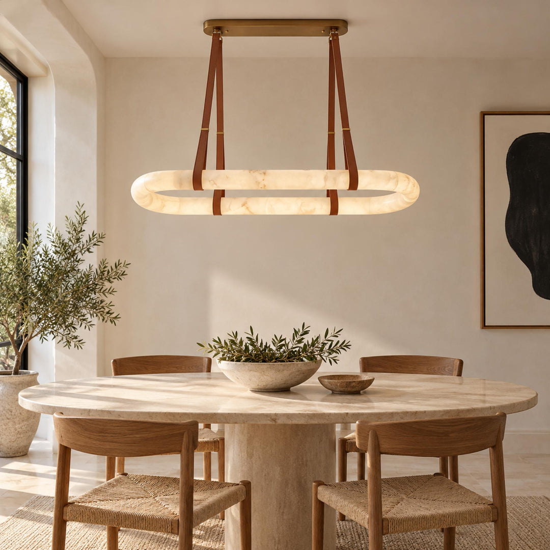 Modern Circle Chandelier Ceiling Mounted Metal Frame with White Alabaster Stone Lighting