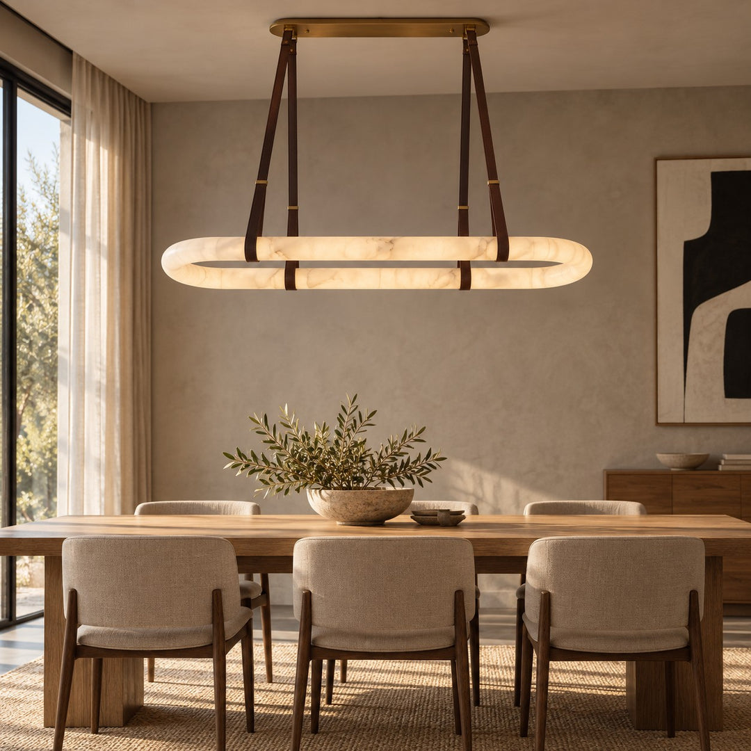 Modern Circle Chandelier Ceiling Mounted Metal Frame with White Alabaster Stone Lighting