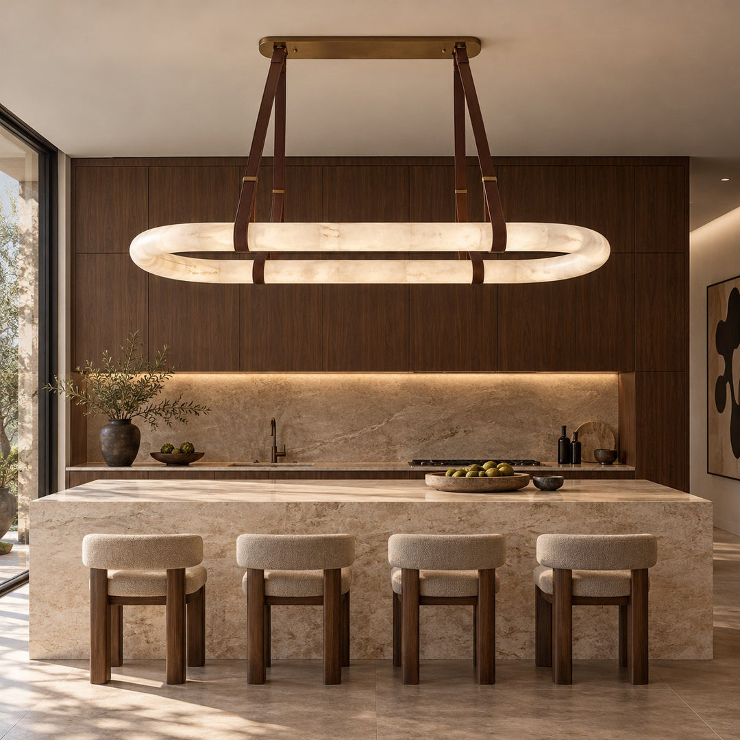 Modern Circle Chandelier Ceiling Mounted Metal Frame with White Alabaster Stone Lighting