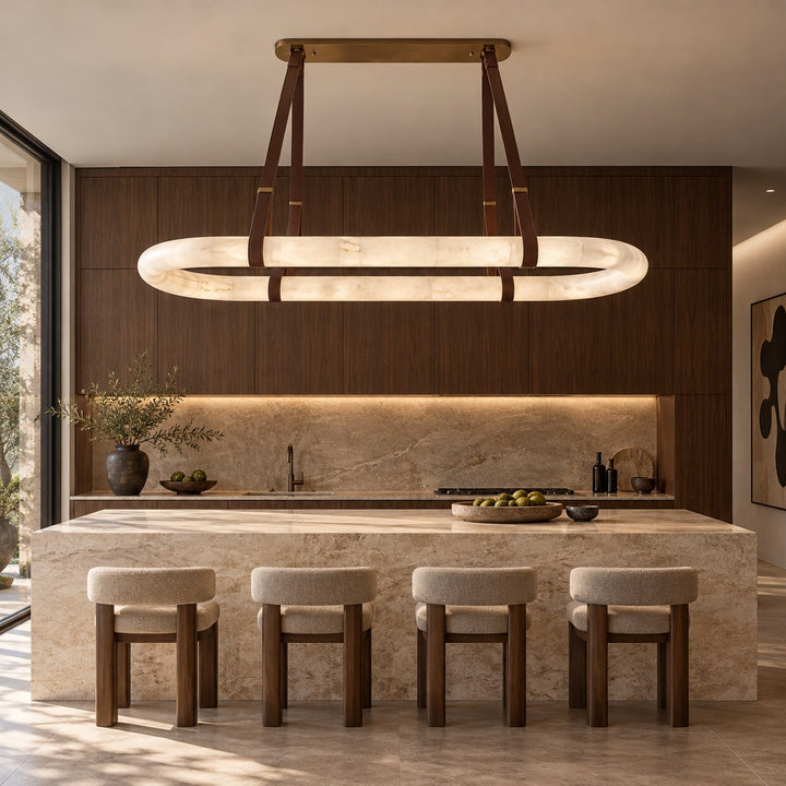 Modern Circle Chandelier Ceiling Mounted Metal Frame with White Alabaster Stone Lighting