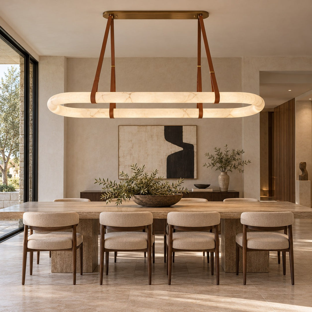 Modern Circle Chandelier Ceiling Mounted Metal Frame with White Alabaster Stone Lighting