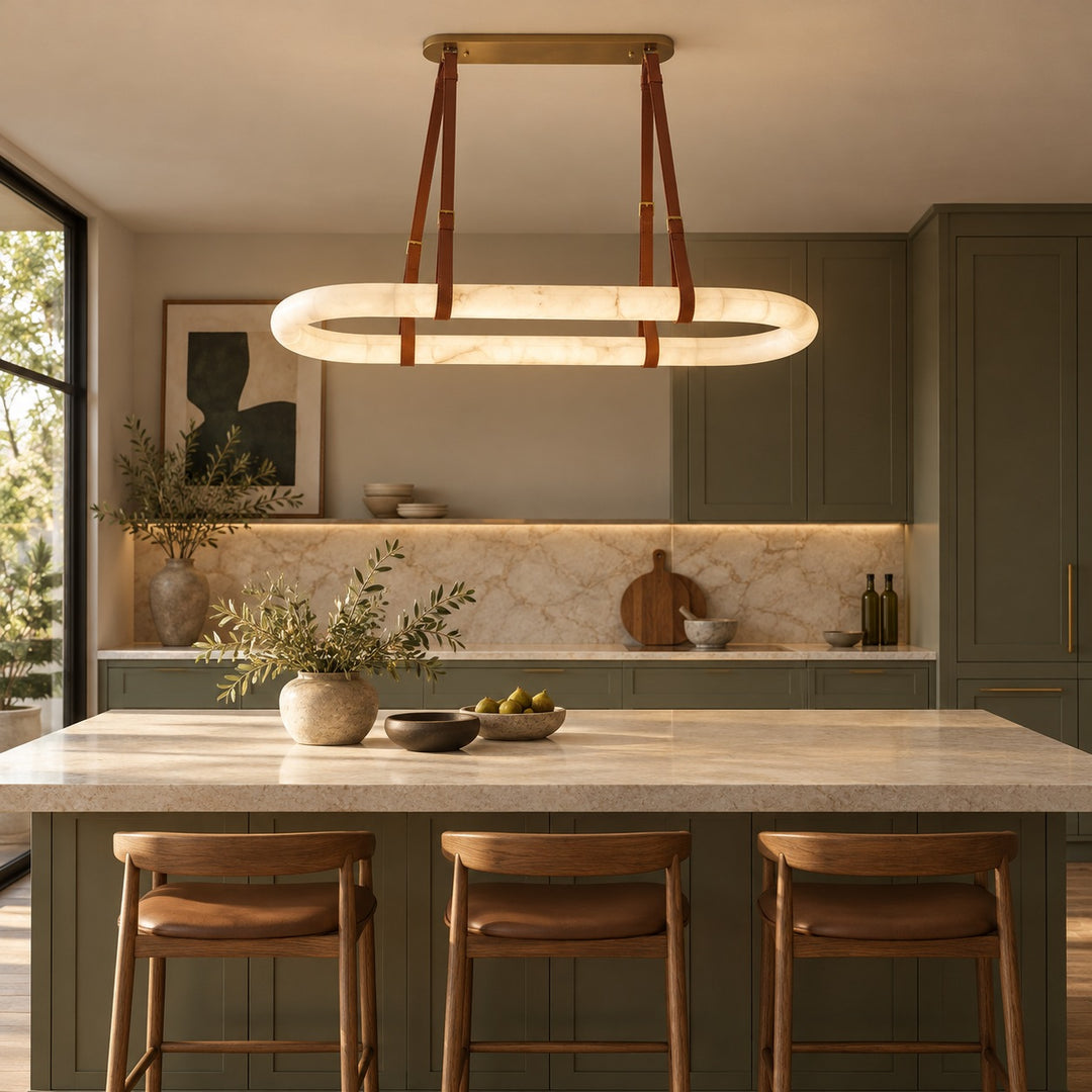 Modern Circle Chandelier Ceiling Mounted Metal Frame with White Alabaster Stone Lighting