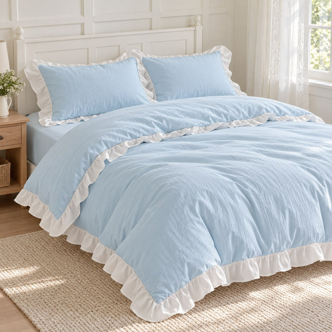 Modern Crumpled Ruffle Bedding Set Duvet Cover Flat Sheet Pillow Case Cotton Soft Texture