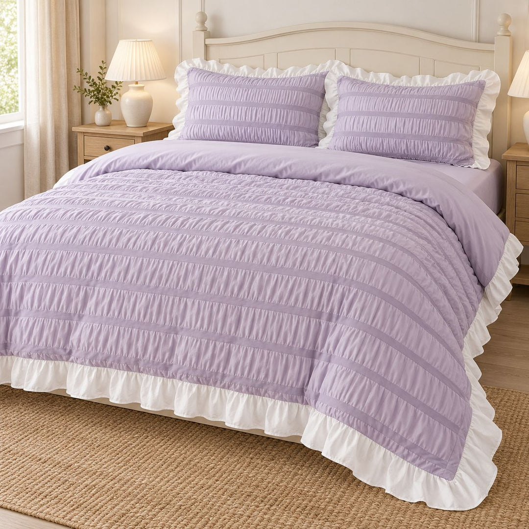 Modern Ribbed Bedding Set with Duvet Cover Flat and Fitted Sheets in 100% Cotton