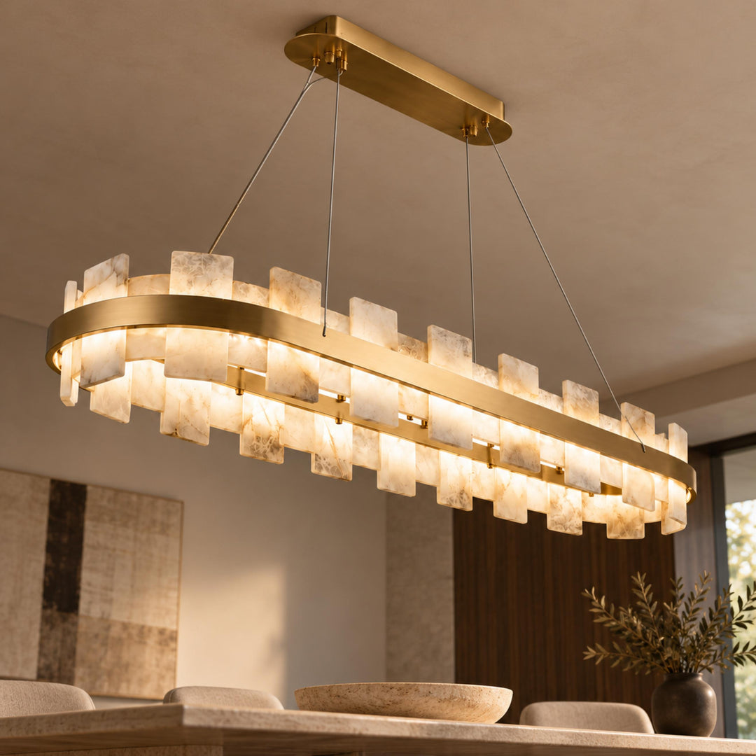 Modern Chandelier Ceiling Light Hanging Antique Brass Frame White Alabaster Panels LED