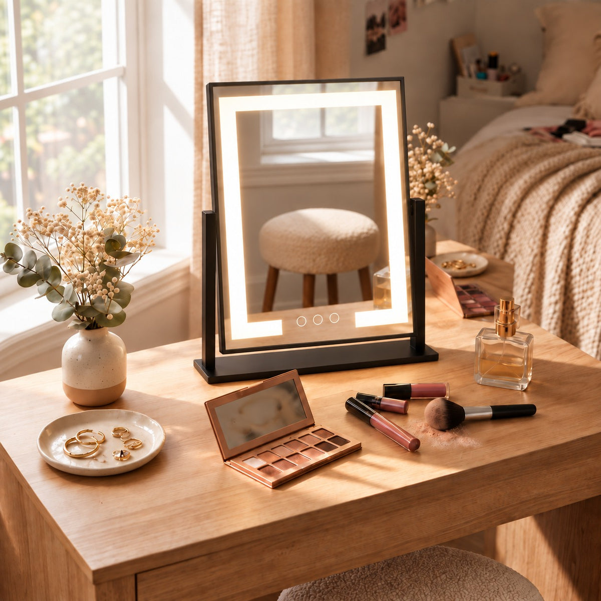 Modern LED Vanity Mirror with Touch Control 15x Magnifying Adjustable Brightness 360° Rotation