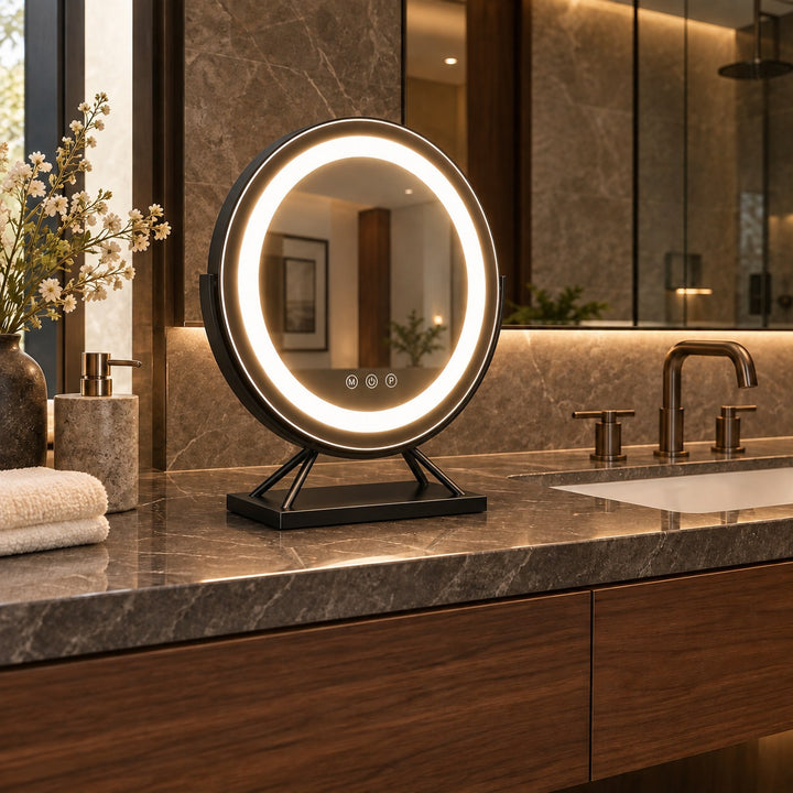 Dimmable Round Vanity Mirror with Lights 30cm Glass and Plastic with 15x Magnifying Spot Mirror