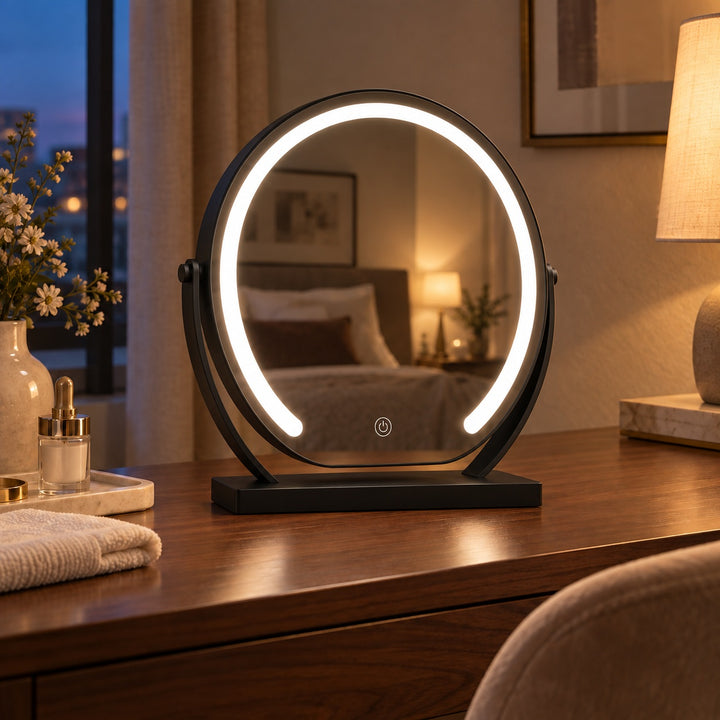 Modern Tabletop Makeup Mirror with Lights Adjustable 15x Magnifying Glass Energy Efficient LED
