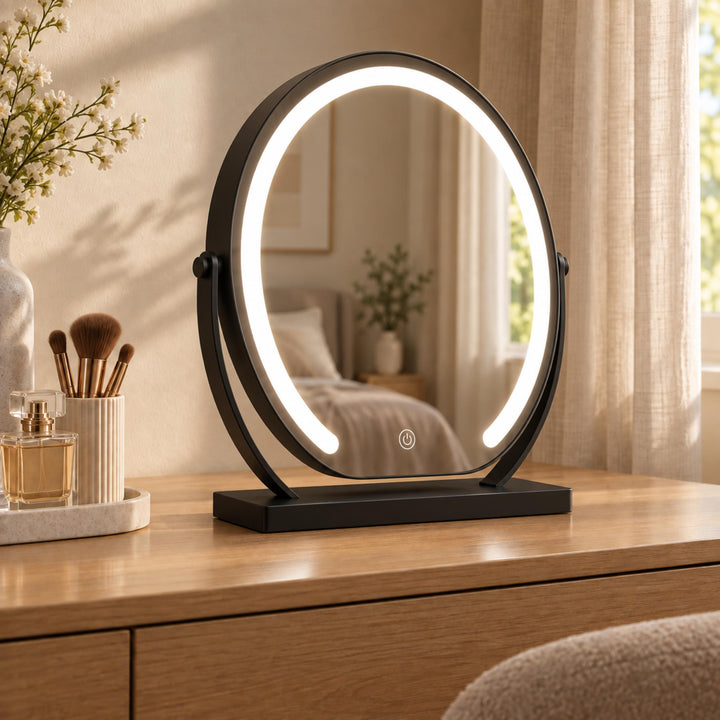 Modern Tabletop Makeup Mirror with Lights Adjustable 15x Magnifying Glass Energy Efficient LED