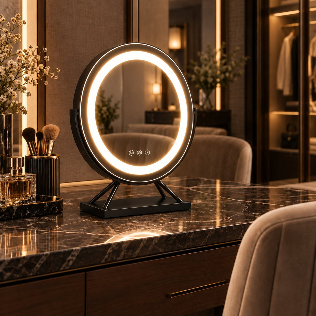 Dimmable Round Vanity Mirror with Lights 30cm Glass and Plastic with 15x Magnifying Spot Mirror