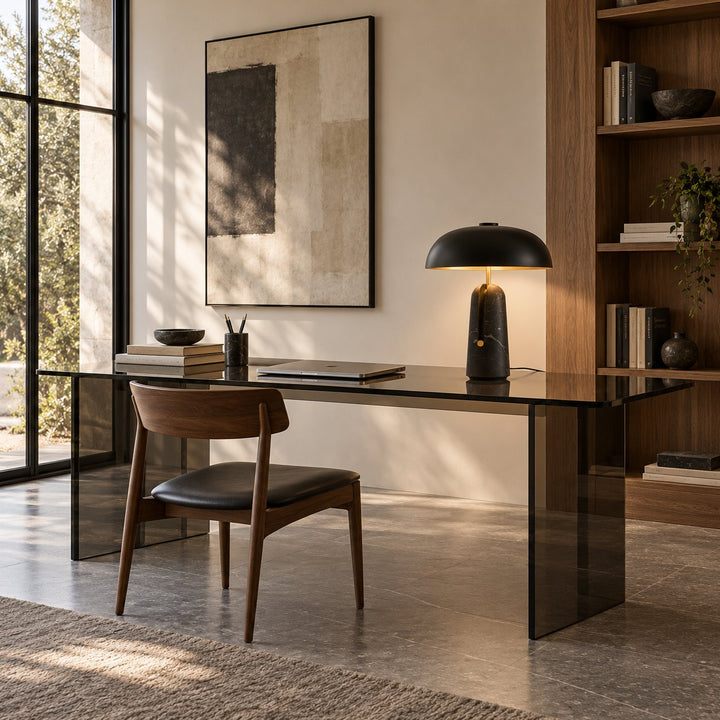 Contemporary Table Lamp with Metal Shade and Travertine Base for Bedroom or Living Room