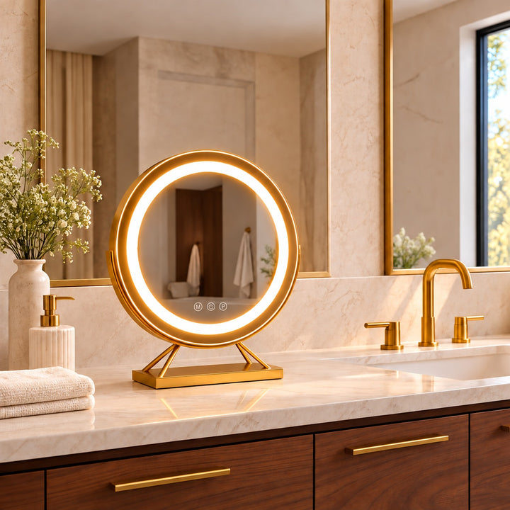 Dimmable Round Vanity Mirror with Lights 30cm Glass and Plastic with 15x Magnifying Spot Mirror