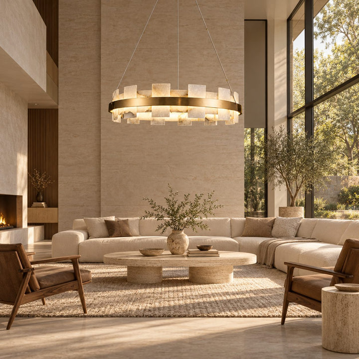 Modern Chandelier Ceiling Light Hanging Antique Brass Frame White Alabaster Panels LED