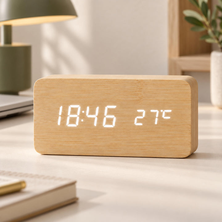 Modern Wood Digital Alarm Clock with Adjustable Brightness LED Display for Time and Temperature