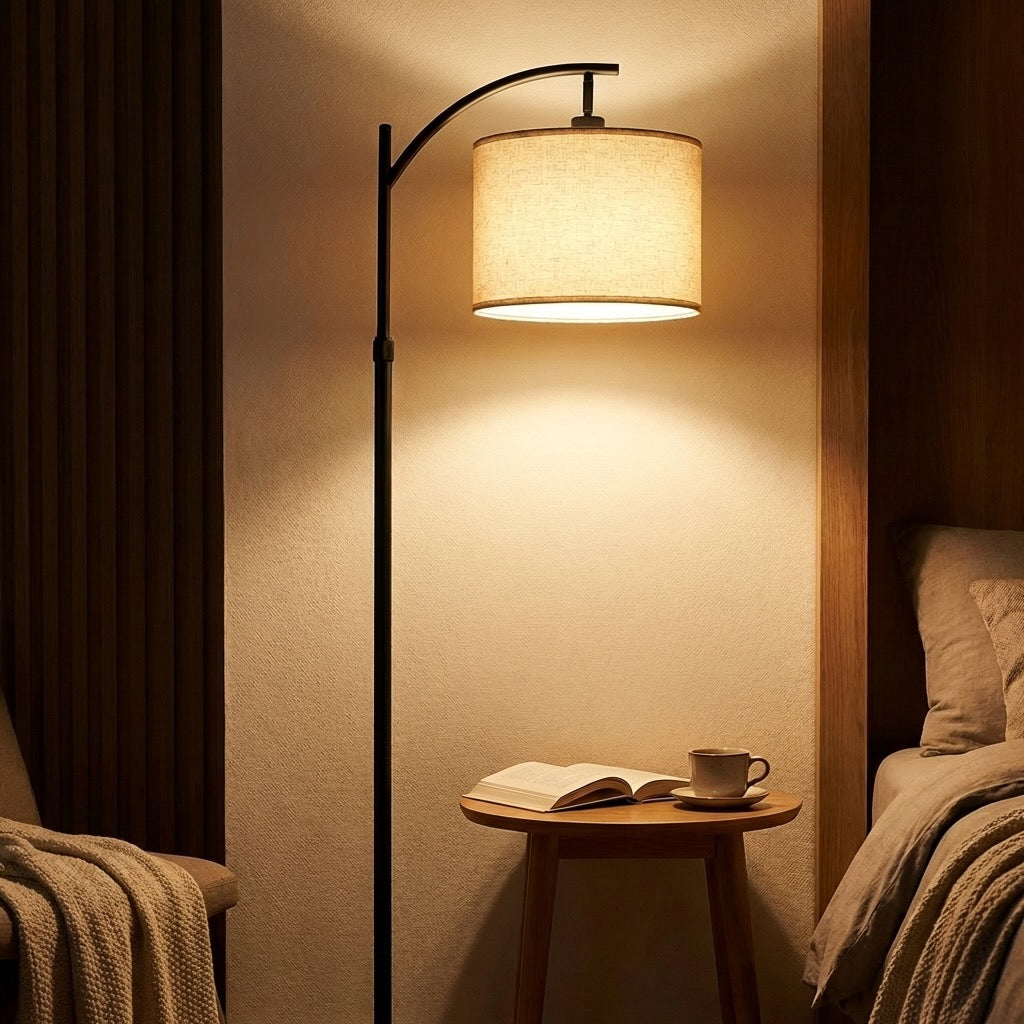 Modern Arc Floor Lamp Adjustable Height Iron Body Fabric Shade LED Light for Living Room 0