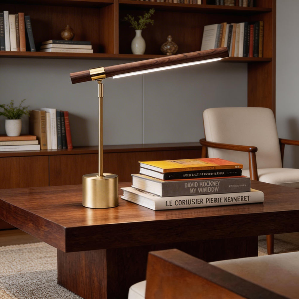 Modern LED Desk Lamp Adjustable Color Temperature USB Powered Wood and Brass Design 0